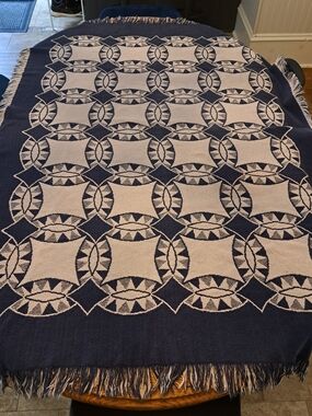 Source Unknown Navy and White Geometric Fringe Throw Blanket